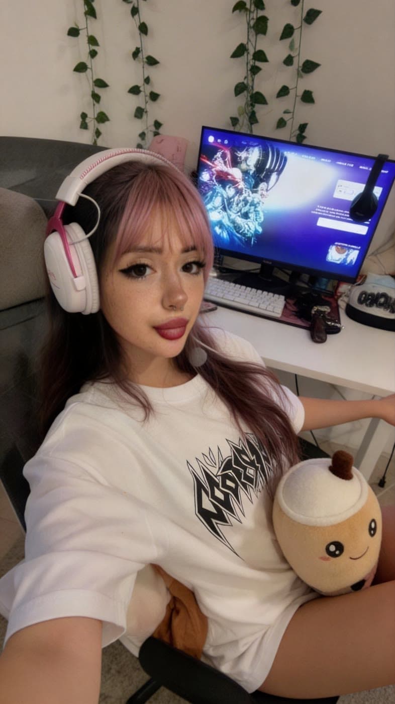 Gamer-Girl mit rosa Perücke am PC